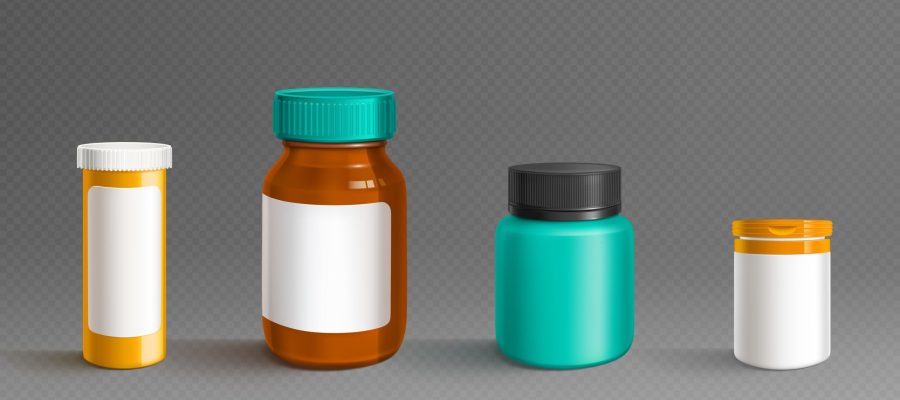 Plastic supplement pill bottle. White medicine jar mockup. 3d vitamin package blank vector mock up. Capsule box with empty label and lid. Clear realistic pharmaceutical drug powder can template